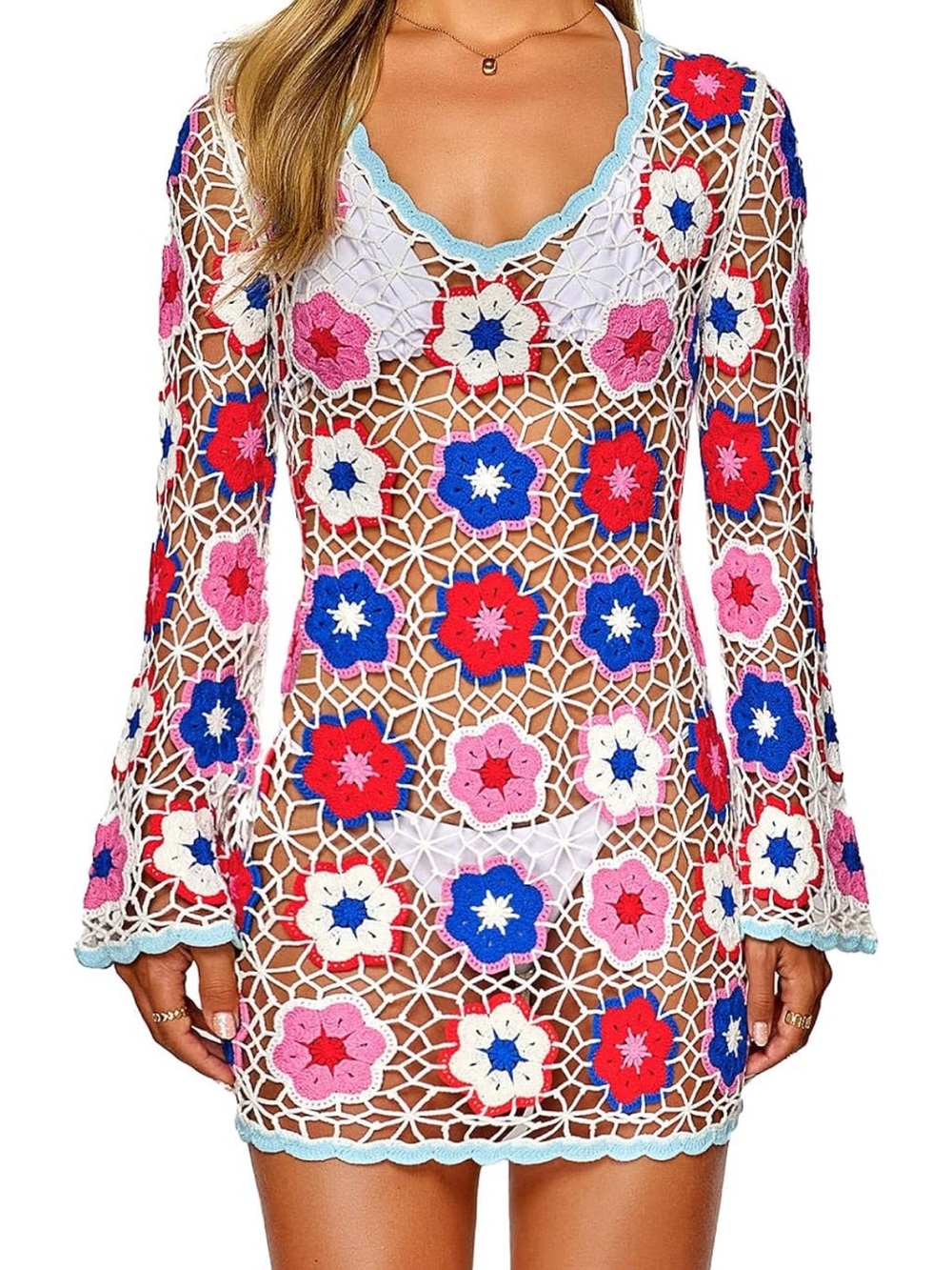 Women’s Floral Crochet Swim Cover-Up Dress - White with Pink, Blue & Red Flowers